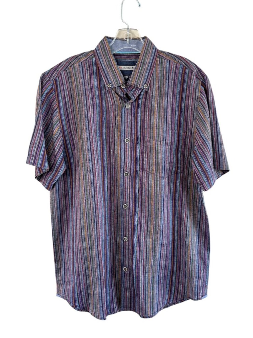 32 Bar Blues Linen Multicolor Striped Short Sleeve Button Down Shirt, Medium